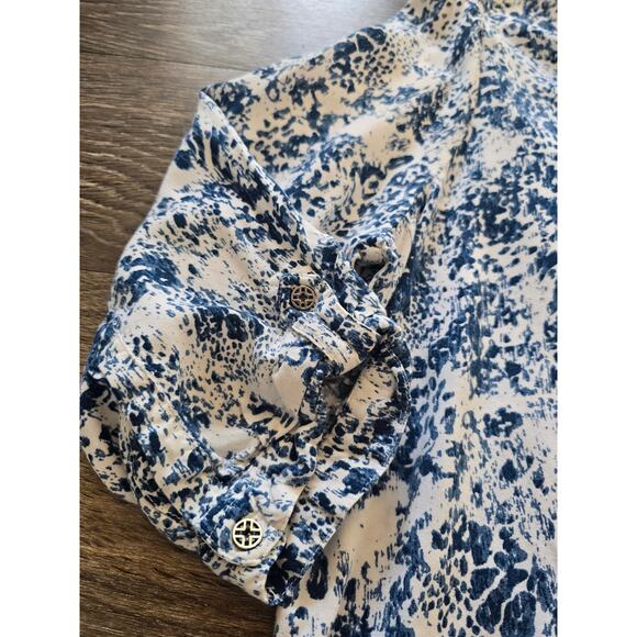 Rebecca Malone Petite Boho Blouse Blue White Border Print Rayon Top Size PXL - Picture 6 of 8